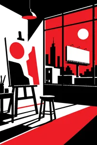A paint-splattered easel in an empty studio with a billboard ad visible through the window.