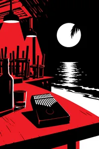 A kalimba resting on a moonlit beach bar with the stools stacked for closing.
