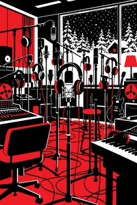 A crowded 1980s recording studio with dozens of headphones hanging over a forest of microphones, snow falling outside the window.