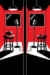 Two vintage microphones in two separate recording booths split by a wall, a fedora on one stool and tinted sunglasses on the other.