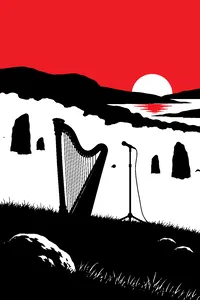 A misty Irish hillside at dusk with a harp and a microphone stand on the grass, fog rolling over standing stones.