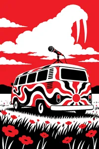 A psychedelic painted bus parked in a field, a walrus-shaped cloud overhead and a microphone on its roof.