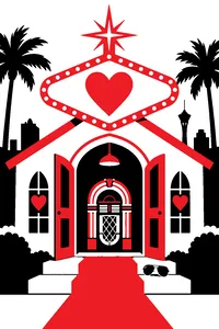 A Las Vegas wedding chapel sign with a heart, a jukebox inside the doorway and a pair of fly-style sunglasses on the step.