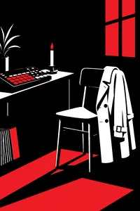 A lone candle and a trench coat draped on a chair beside a drum machine in a dark room.