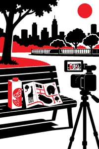 A sunny city park bench with a carton of sangria, a zoo map and a television camera on a tripod pointed at it.
