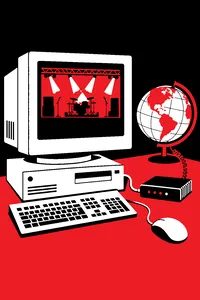 A chunky 1999 desktop computer streaming a concert stage, a dial-up modem and a globe beside it.