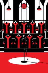 A gospel choir loft with rows of empty robes on hangers and a single microphone at the front.