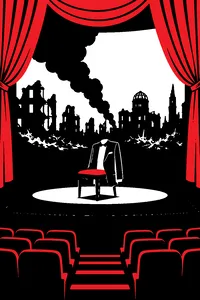 A grand opera stage with a single tuxedo jacket on a chair and a bombed city skyline painted on the backdrop.