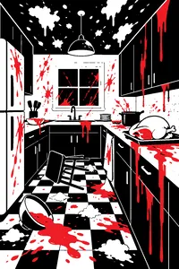 A cramped kitchen after a food fight, a half-raw turkey on the counter, cranberry sauce dripping down the cabinets and mashed potatoes on the ceiling.