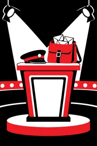 A postal carrier's cap and mailbag sitting on a game show contestant podium under bright blue studio lights.