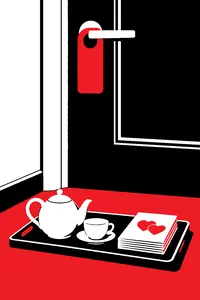 A hotel room door with a do-not-disturb sign, a silver teapot and a stack of marriage counseling pamphlets on a tray outside.