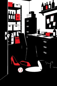 A small cluttered back office in a bar, a desk lamp knocked over and a pair of red pumps beside a baseball on the floor.