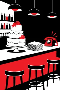A wedding cake untouched on a bar counter beside a stack of typed manuscript pages and a ringing telephone.