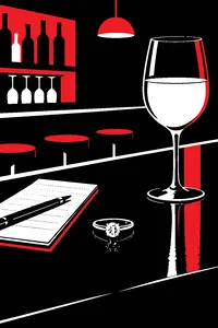 A diamond engagement ring left on a polished bar beside a waitress's order pad and an untouched glass of white wine.