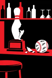 A broken bowling trophy on a bar shelf with a baseball signed in illegible scribbles beside it.