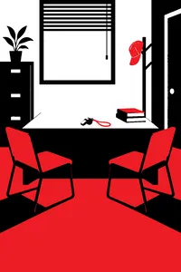 A quiet back office with two chairs facing each other, an old baseball coach's whistle on the desk.