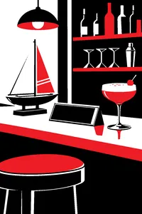 A small sailboat model on a bar shelf next to a polished corporate-style brass nameplate with no writing and a frothy blue cocktail.