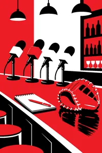 A row of press microphones on a polished bar beside a baseball glove and a reporter's notepad.