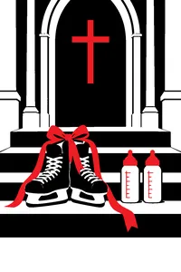 A pair of hockey skates tied with wedding ribbons beside two matching baby bottles on a church step.