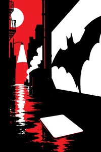 A playing card with a smeared blank face lying on wet pavement in a dark city alley, a bat-shaped shadow on the wall.