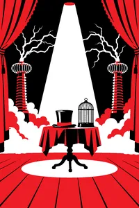 A top hat on a Victorian stage with a birdcage beside it, electric arcs crackling from a tall coil in the wings.