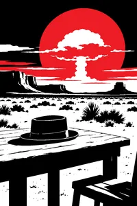 A lone porkpie hat on a wooden table in the New Mexico desert, a towering fireball rising on the horizon.