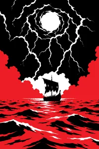 A lone wooden Greek ship on a vast wine-dark sea, sail torn, with a massive storm wall and a single eye of lightning above.