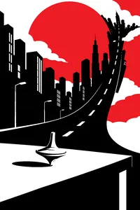 A small silver spinning top whirling on a wooden table while a city street folds up into the sky behind it.