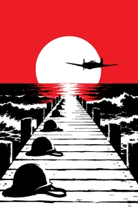 A long wooden pier stretching into grey surf, empty helmets lined along it, a single fighter plane low over the horizon.