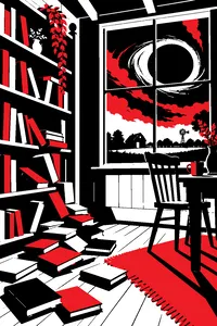 A dusty farmhouse bookshelf with books spilling to the floor, a glowing ring-shaped black hole visible through the window.