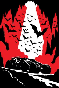 A cave full of bats swirling around a matte-black armored vehicle, light spilling in from above.