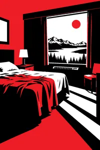 A motel room in Alaska with blackout curtains failing against bright midnight sun, an untouched bed in the glare.