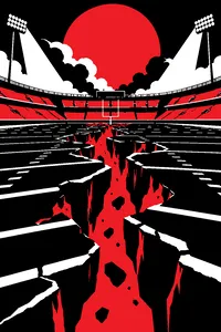 A football field cracking open and collapsing into the ground, the stadium lights still on and the stands empty.