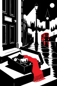 A black-and-white London street at night, a shoebox of stolen keepsakes sitting open on a doorstep.