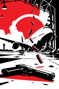 A jumbo jet nosed into a smashed airport hangar, with spent bullets rising back up off the tarmac toward a gun.