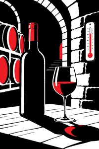 A dusty wine bottle and a single half-full glass of red wine on a tasting table in a dim stone cellar, a thermometer on the wall reading high.