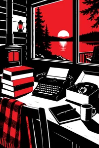 A stack of mystery paperbacks beside a vintage typewriter and an unopened rotary phone in a lakeside cabin at dusk.