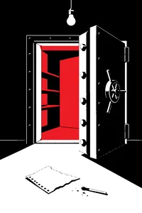 The open door of a heavy steel walk-in safe, a burnt match and a torn strip of manuscript paper on the floor beneath a bare bulb socket.