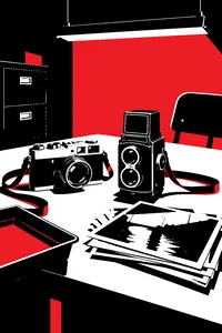 Two vintage cameras on an evidence table under a fluorescent light, beside a stack of glossy black-and-white prints.