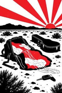 An open parachute pack lying in desert scrub at dawn, a guitar case and a set of rental car keys beside it.