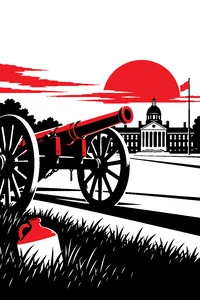 A ceremonial brass cannon on a military academy parade ground at sunrise, a jug of cider hidden in the grass nearby.