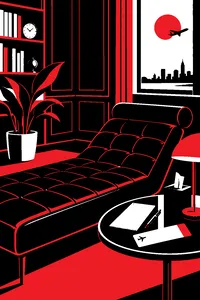 A psychiatrist's leather couch in a wood-paneled office, a prescription pad and an airline ticket on the side table.