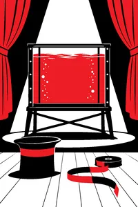 A magician's water tank under a stage spotlight, a top hat and an electric typewriter ribbon on the edge of the stage.