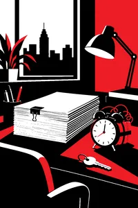 A cluttered publisher's desk with a manuscript stack, a brass apartment key and a small alarm-clock bomb.