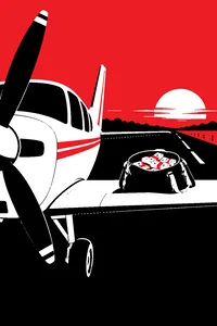 A small private propeller plane on a rural airstrip at dusk, a canvas bag of cash on the wing.