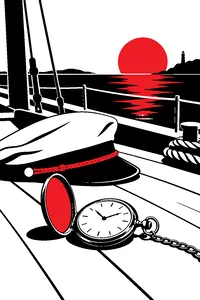 An antique pocket watch lying open on the deck of a moored sailboat, a captain's cap beside it.