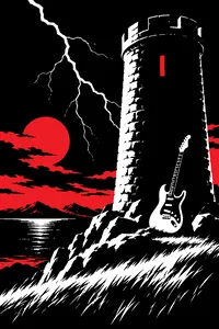 A stone watchtower on a windswept hill at night, a white electric guitar leaning against its base while lightning cracks overhead.