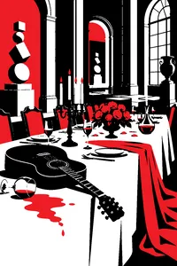 A dusty dining table set for a banquet in an abandoned museum, an old black acoustic guitar laid beside spilled wine.