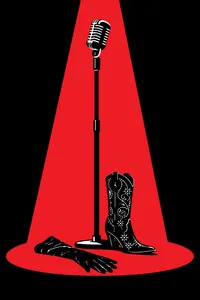 A single microphone on a stand in a spotlight, a rhinestone cowgirl boot and an evening glove resting at its base.