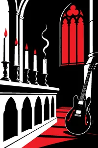 A row of white candles in a dim stone chapel, one guttering out beside a hollow-body electric guitar.